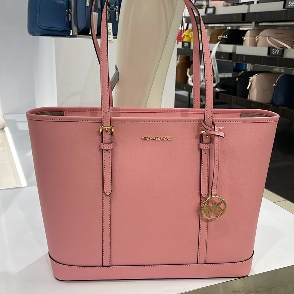 MICHAEL KORS Jet Set Travel Lg Top Zip Shoulder Tote Saffiano Leather Carnation